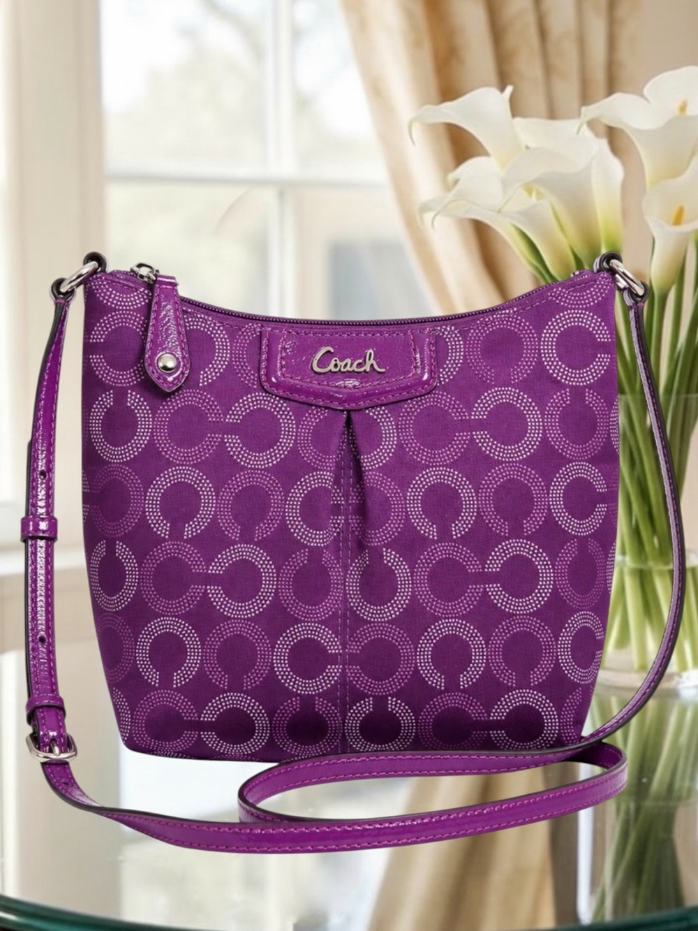RARE Coach Ashley Dotted Op Art Hippie Crossbody Shoulder Bag - Purple